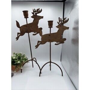 Set Of 2 Rustic Metal Reindeer/ Deer Candle Holders Farmhouse 17" & 16" Hunter